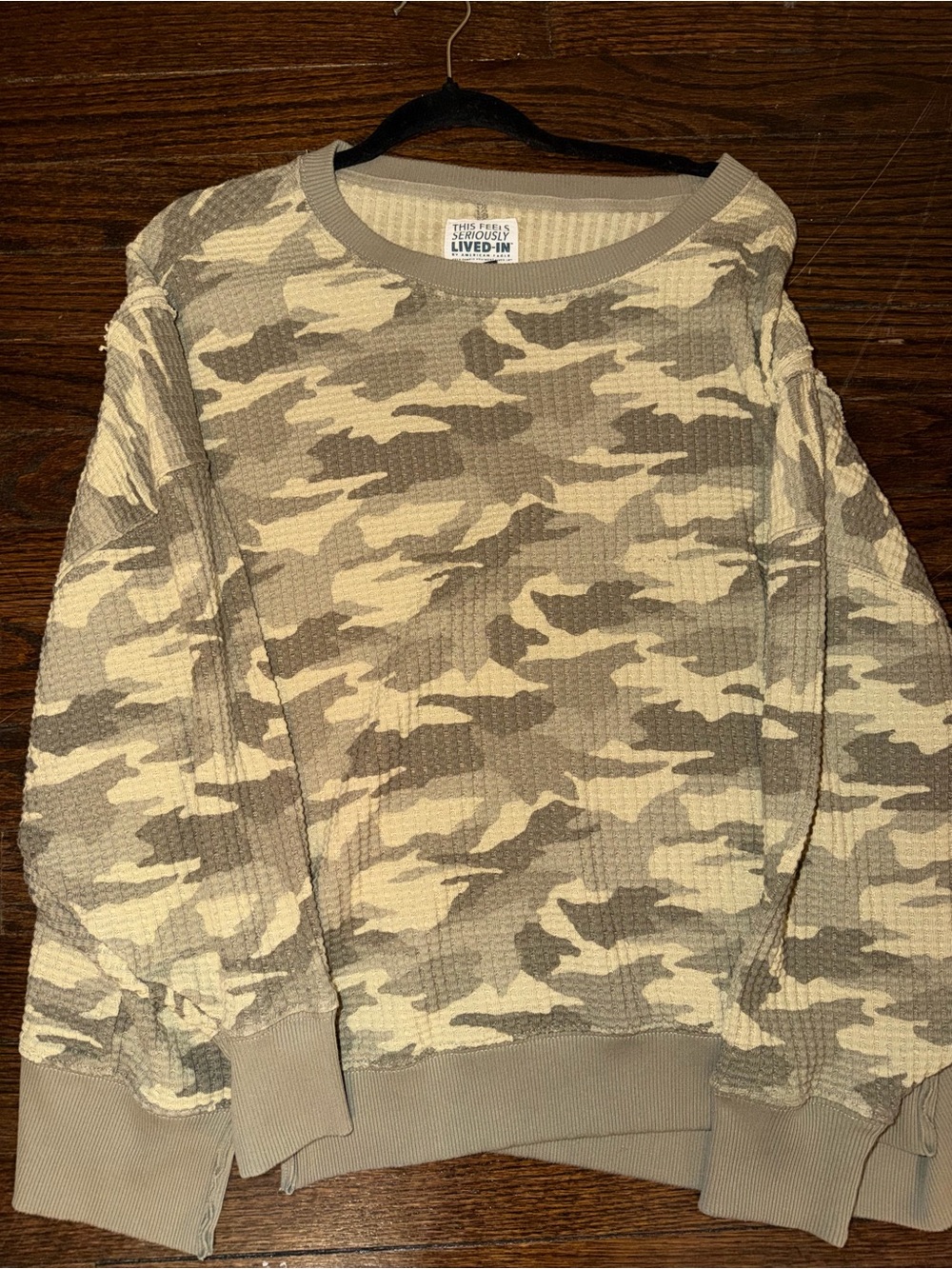 American Eagle Camo Waffle Knit Crewneck Sweater - Tan Camo
